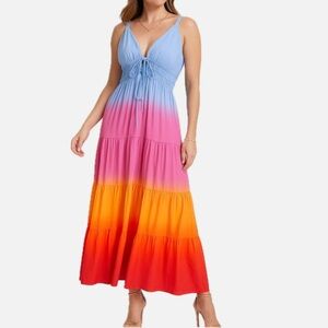 YFB tie-dye V-neck maxi dress in a blue, pink, orange, and red ombré colorway